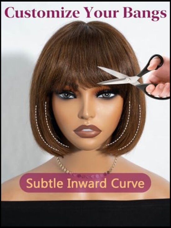 Human Hair Short Bob Wig with Bangs Glueless Lace Top Straight 8 Inch